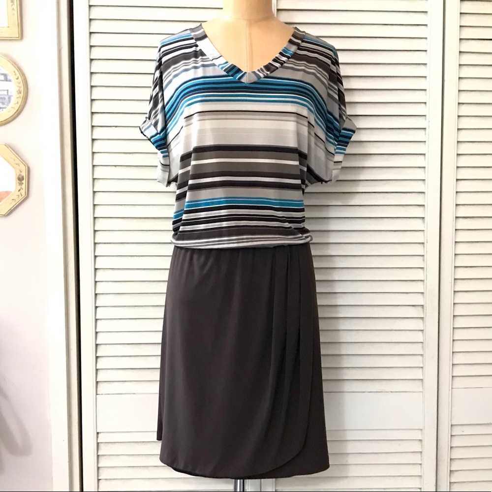 So-En In Style Womens Dress XL Brown Blue Striped Short Sleeve Casual Party